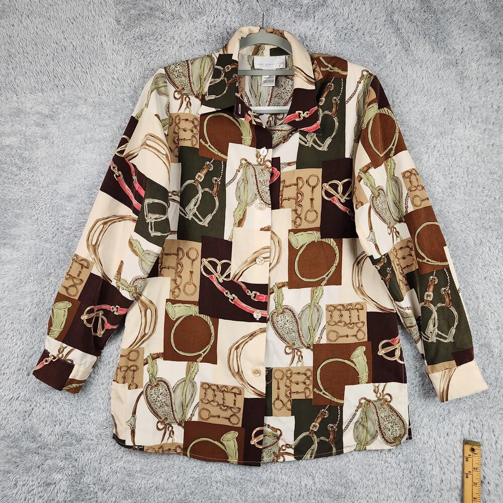 Vintage Susan Graver Blouse Womens Small Multicolor Equestrian Print Horse Bit